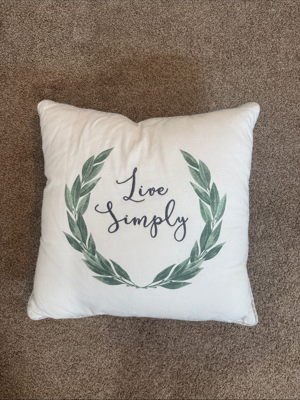 Live Simply White Decorative Throw Pillow with Green Laurel